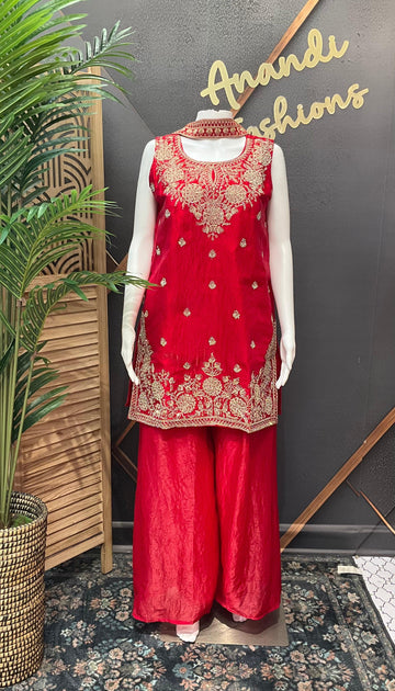 Red Party Wear Sharara Set Size 40 - Glass Tissue with Embroidery