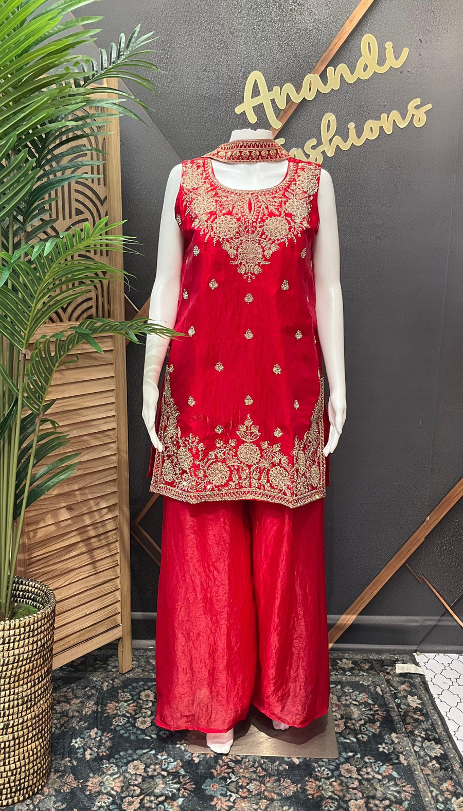Red Party Wear Sharara Set Size 40 - Glass Tissue with Embroidery