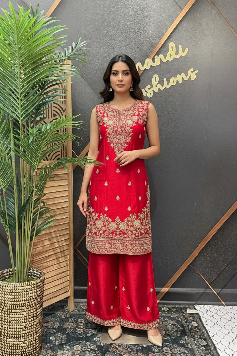 Red Party Wear Sharara Set Size 40 - Glass Tissue with Embroidery