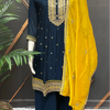 Navy Blue Party Wear Lightweight Palazzo Set - Vichitra Silk with Contrast Dupatta