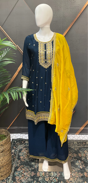 Navy Blue Party Wear Lightweight Palazzo Set - Vichitra Silk with Contrast Dupatta