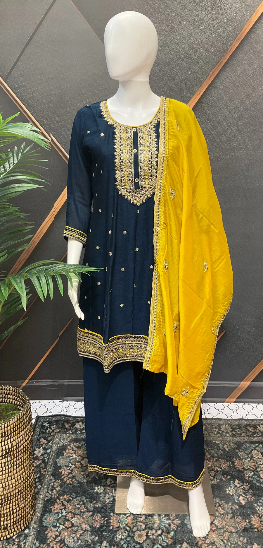 Navy Blue Party Wear Lightweight Palazzo Set - Vichitra Silk with Contrast Dupatta