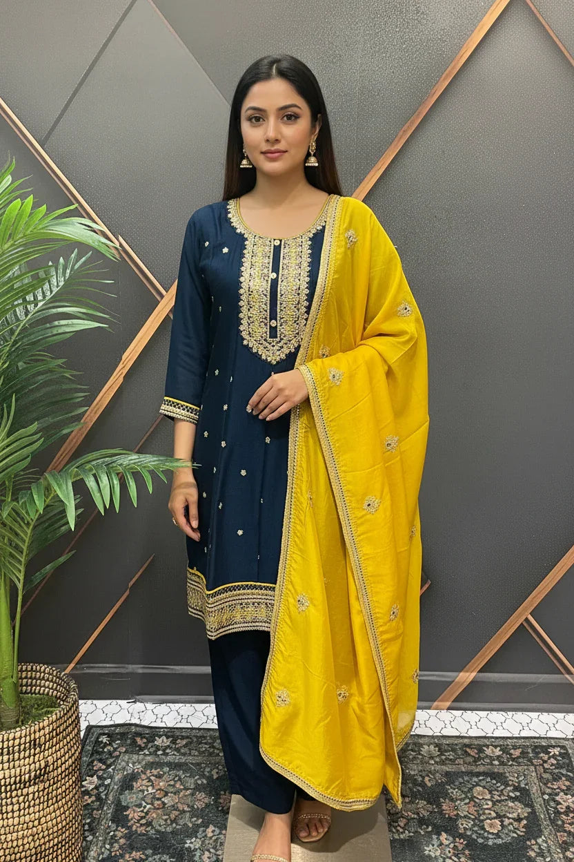 Woman in navy blue embroidered Indian ethnic wear with vibrant yellow dupatta, standing indoors near plant