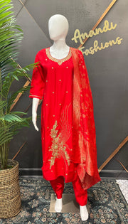 Red Party Wear Kurti Set - Roman Silk with Benarasi Dupatta & Gold Zari