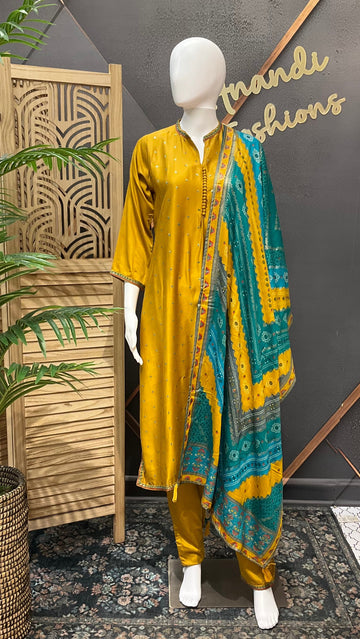 Size 40- Mustard Yellow Pure Gajji Silk Kurti set