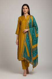 Women’s Mustard Yellow Pure Gajji Silk Kurti Set