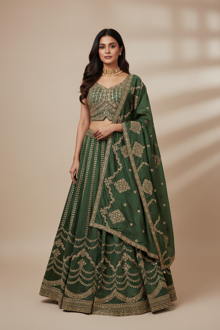 Women’s Bottle Green Silk Lehenga Set with Gold Zari Floral Embroidery