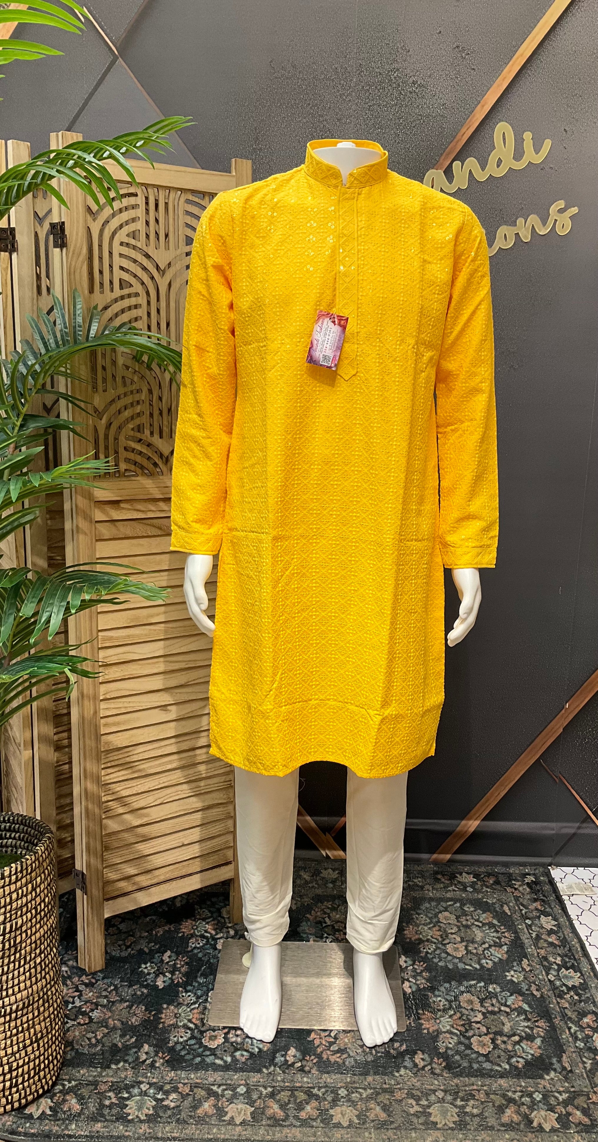 Yellow Chikankari Sequence Mens wear kurta set