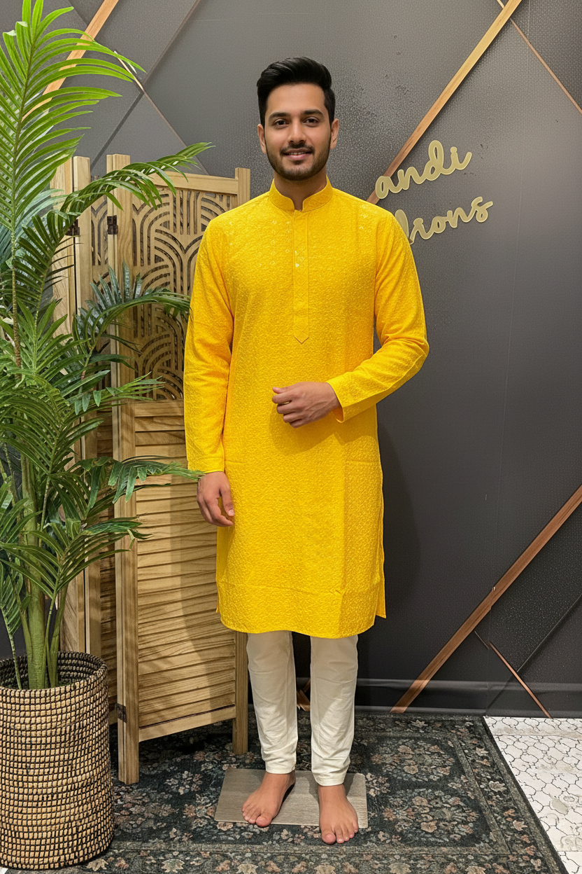 Yellow Chikankari Sequence Mens wear kurta set
