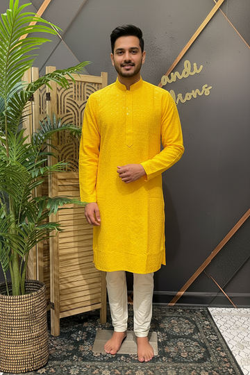 Yellow Chikankari Sequence Mens wear kurta set