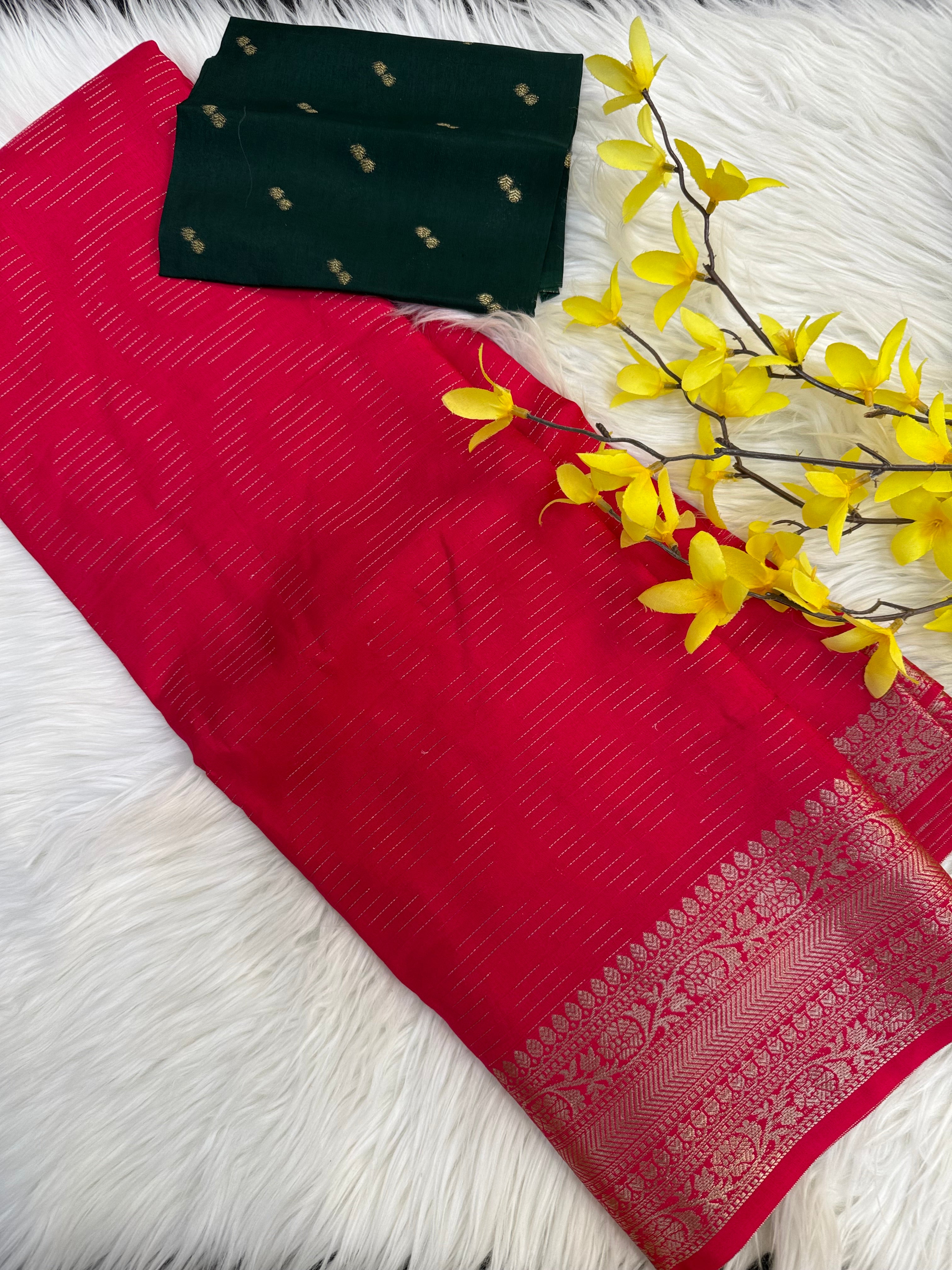 Pink Fancy Chiniya Silk saree with Green Blouse material