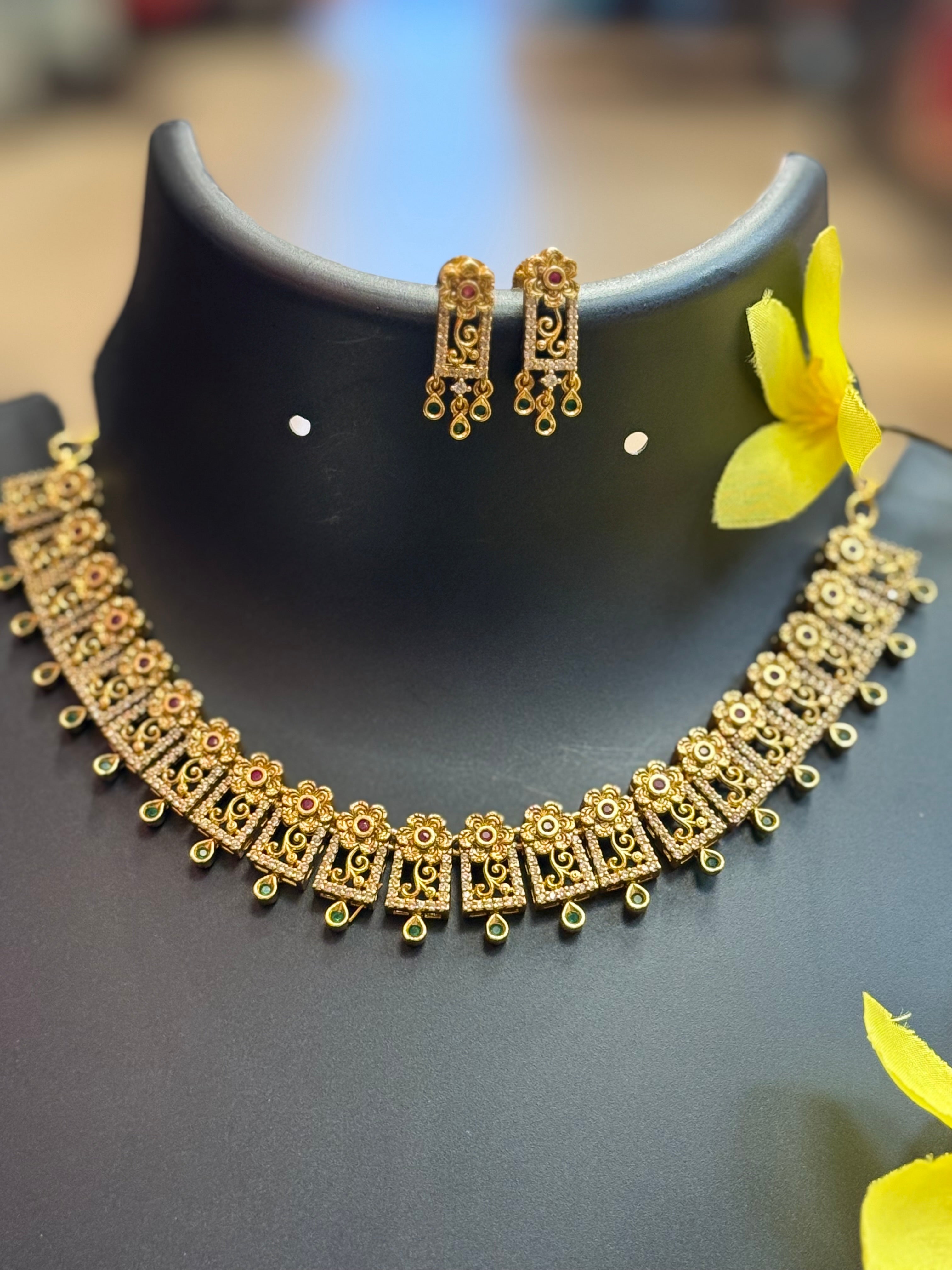 Antique Finish Necklace set with Floral Design