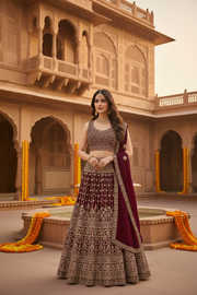 Women’s Heavy Work Georgette Wine Lehenga Set
