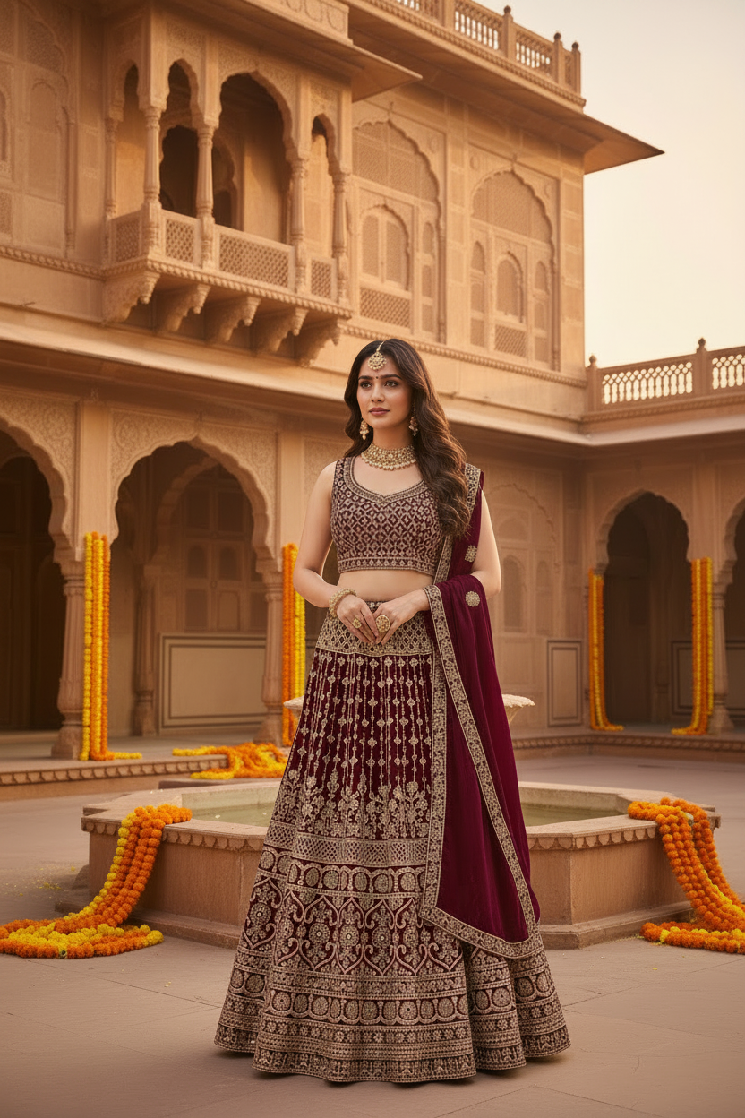 Women’s Heavy Work Georgette Wine Lehenga Set