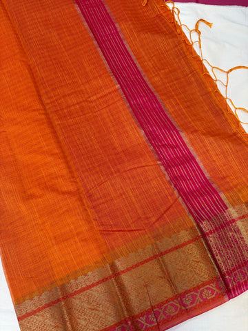 Orange Fancy Jute Saree with Pink Blouse - 6 Inch Border