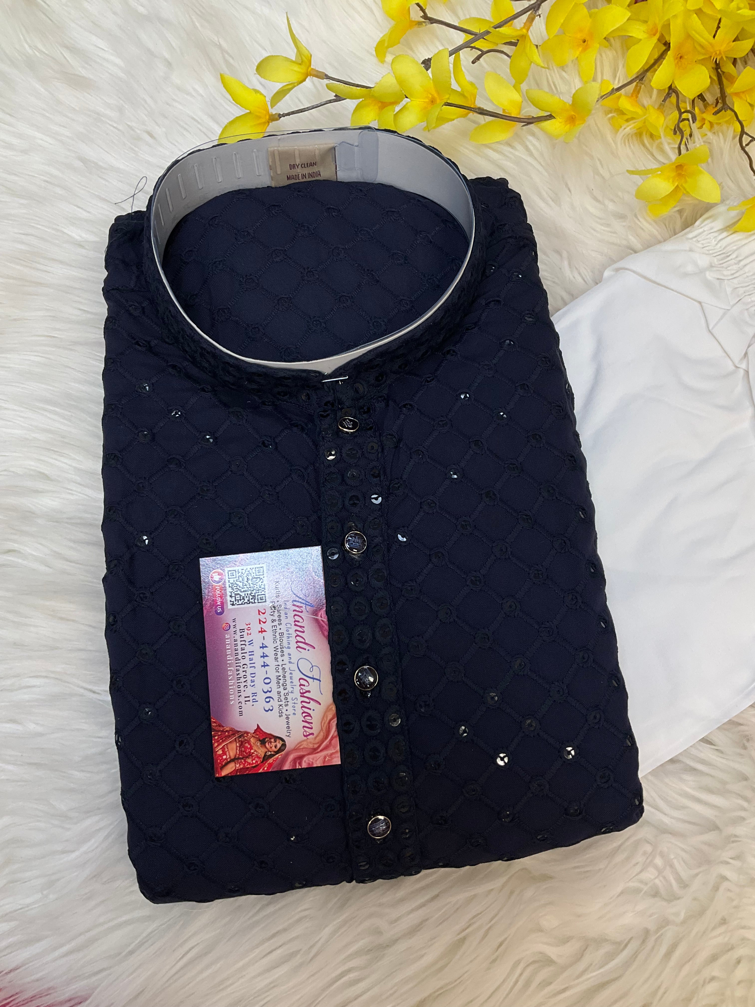 Navy Blue Mens Chikankari kurta set - Anandi Fashions