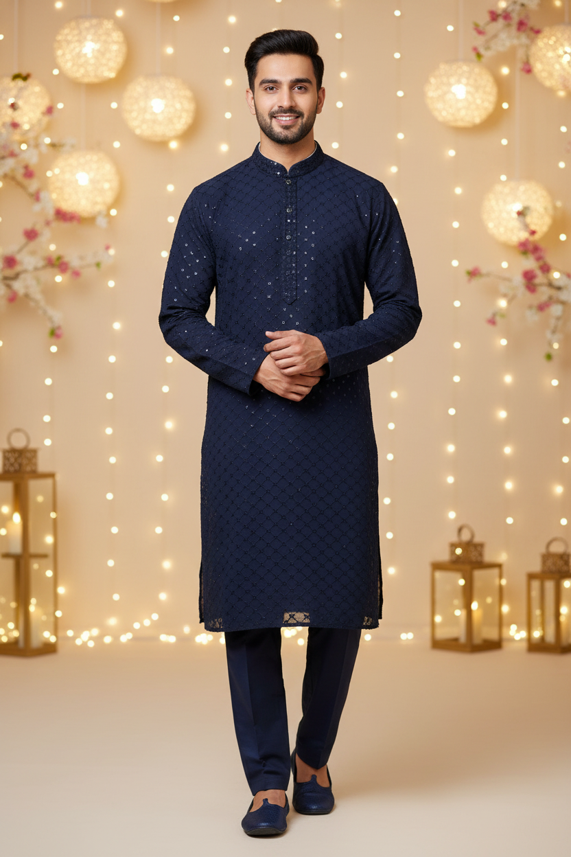 Navy Blue Mens Chikankari kurta set - Anandi Fashions
