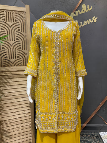 Size 38/Indian M - Party Wear Yellow Georgette Palazzo/Sharara set