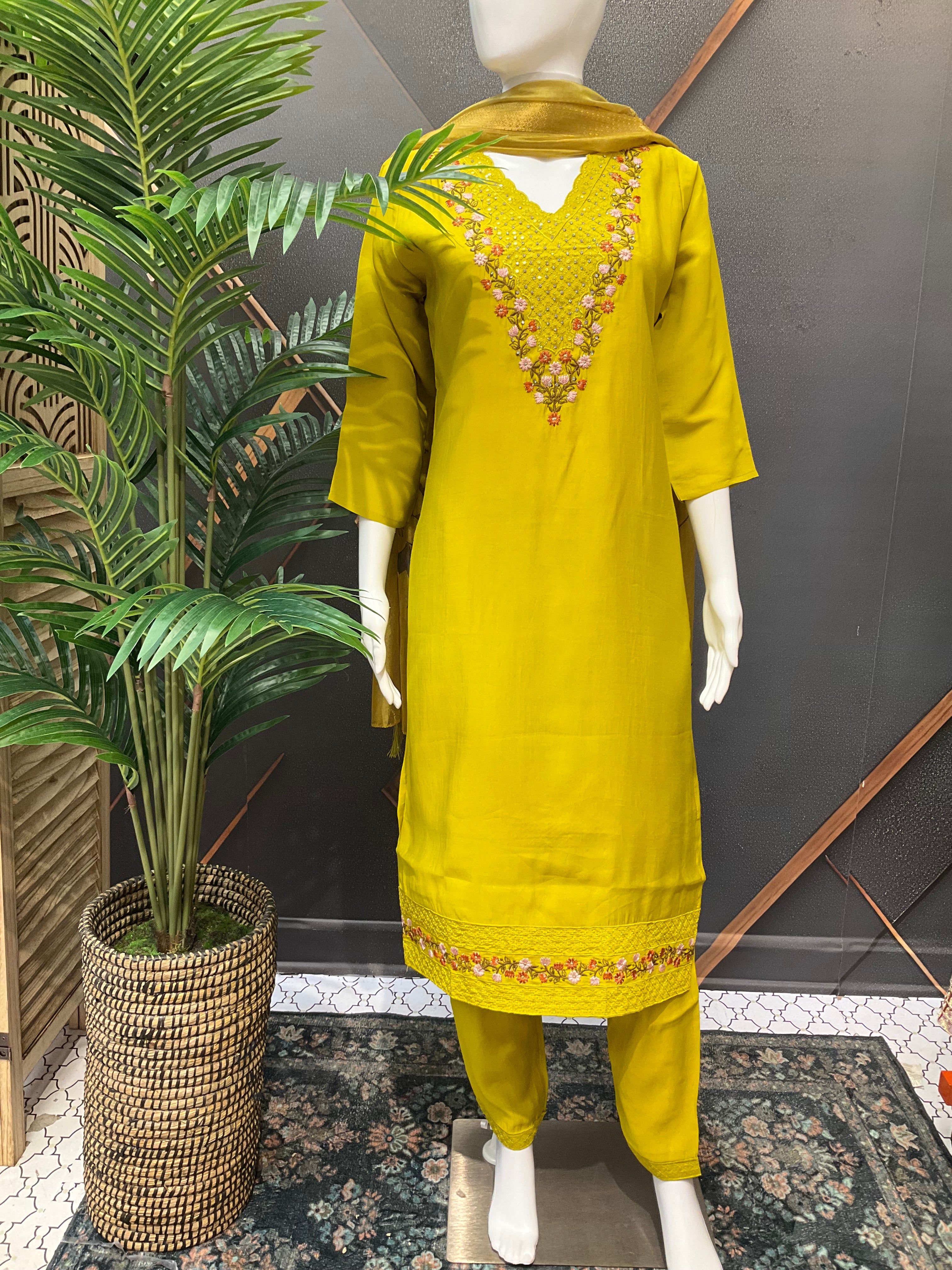 Size 38-Green - Roman Silk Chudidhar/Kurti set with Digital Print Dupatta