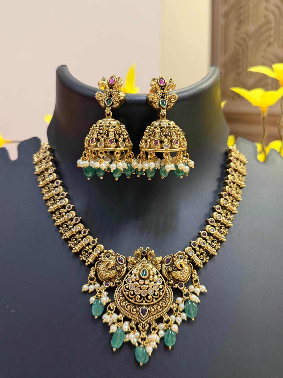 Antique Finish Necklace Set with Jhumkas