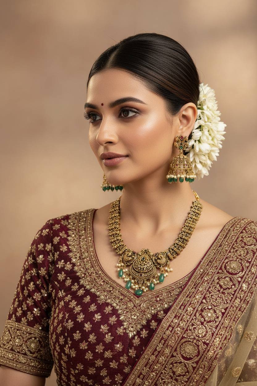 Antique Finish Necklace Set with Jhumkas