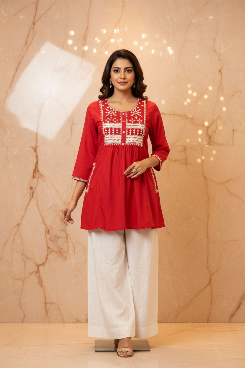 Brick Red Rayon Short Kurti