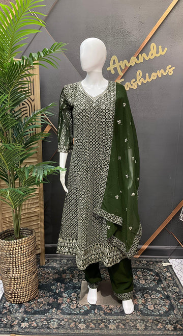 Green Georgette Anarkali Kurti Set Size 42 - Silver Zari Party Wear
