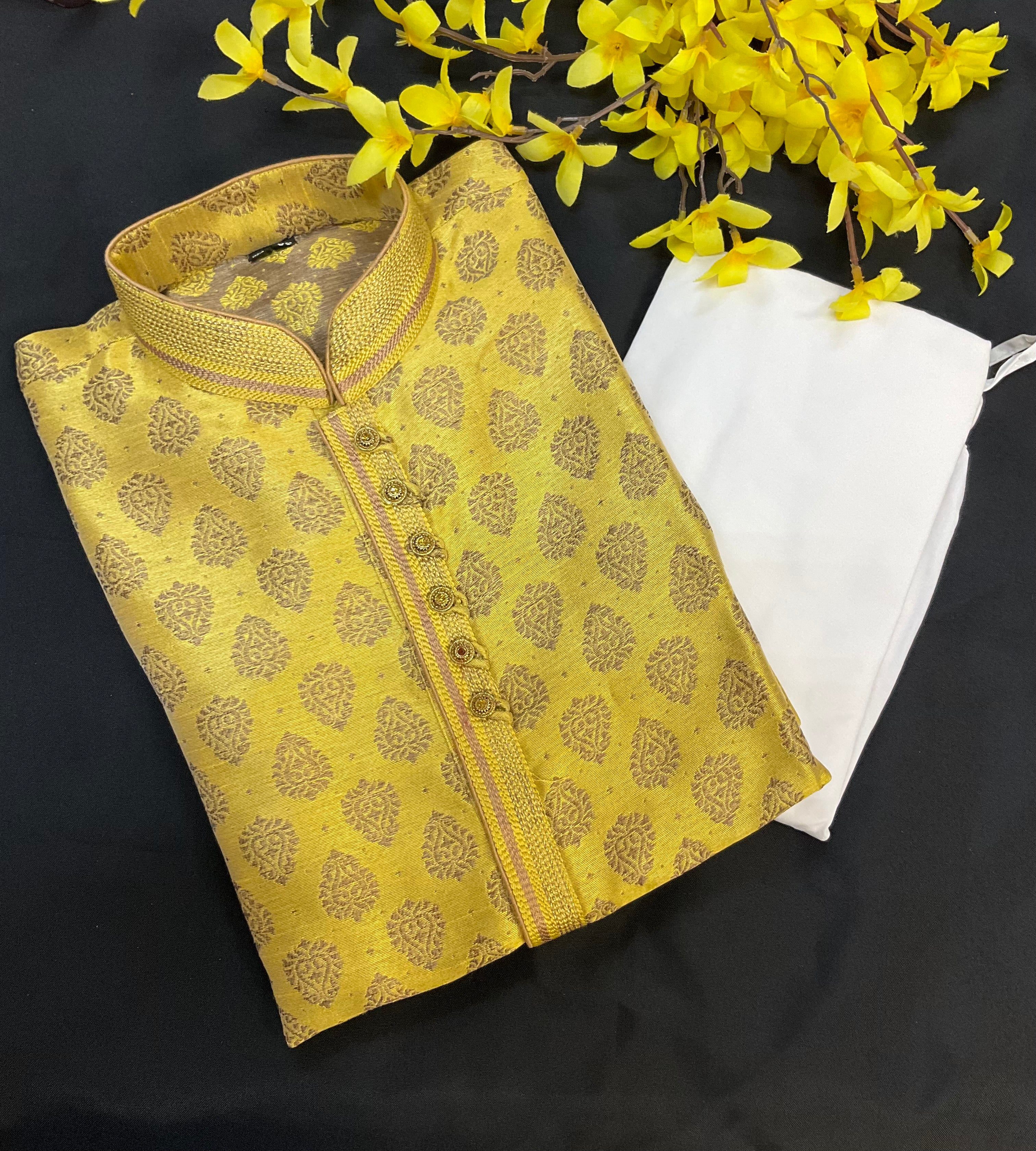 Gold Color Benaras Style Kurta Pajama Set