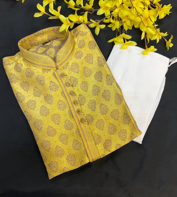 Gold Color Benaras Style Kurta Pajama Set