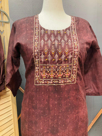Plus Size Chanderi Silk Kurti Set - Brown - Premium Ethnic Wear
