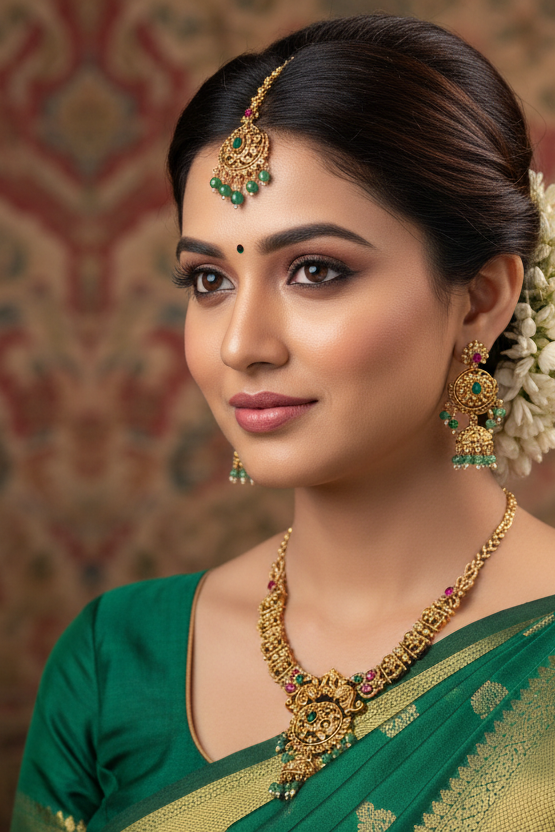 Indian woman in green saree wearing traditional gold jewelry including maang tikka, earrings, and necklace