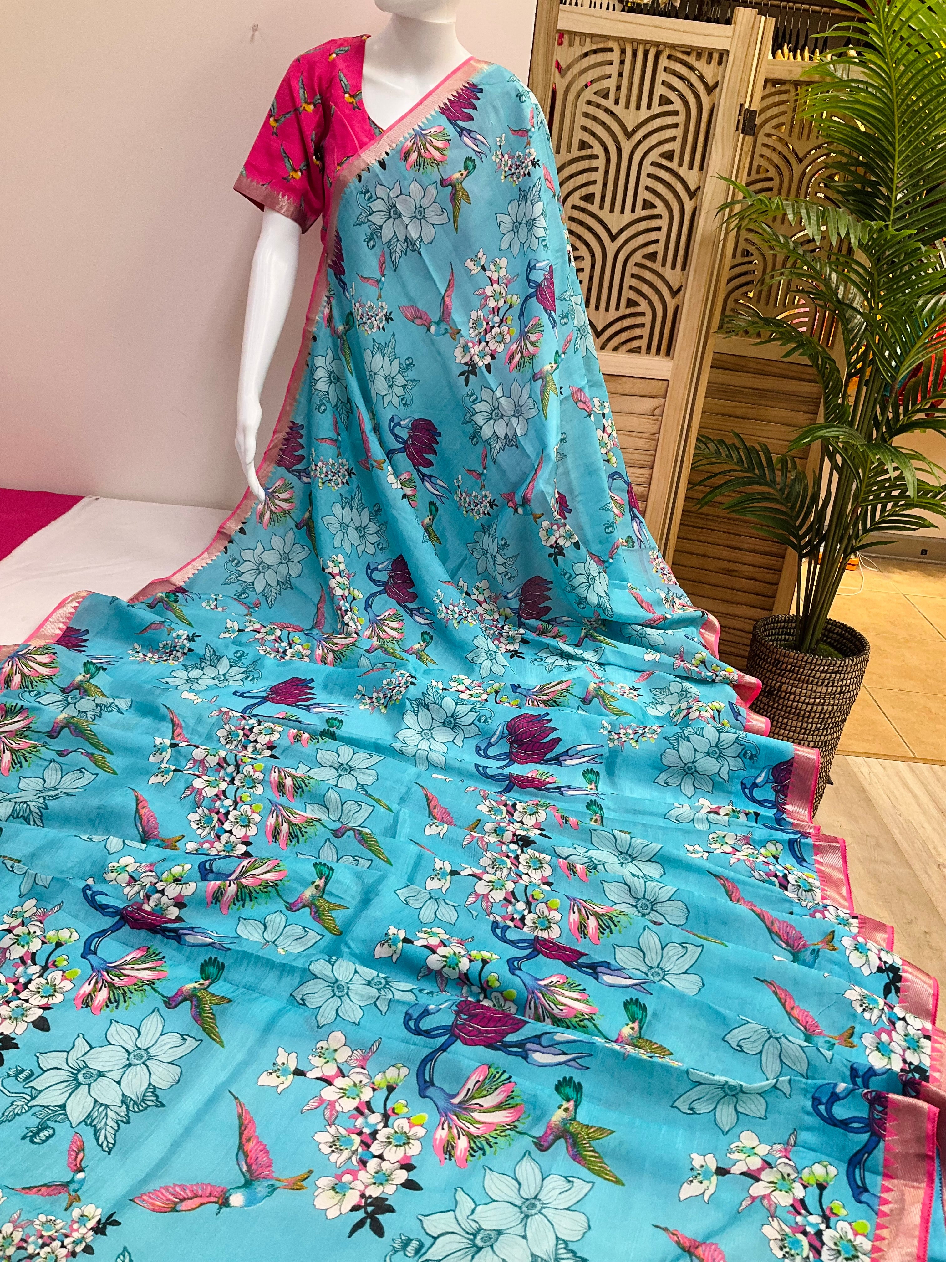 Mangalagiri Silk Digital Print Bird Design Saree with Stitched blouse