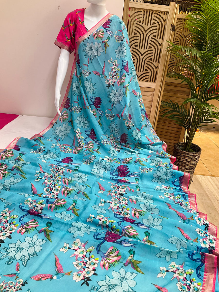 Mangalagiri Silk Digital Print Bird Design Saree with Stitched blouse