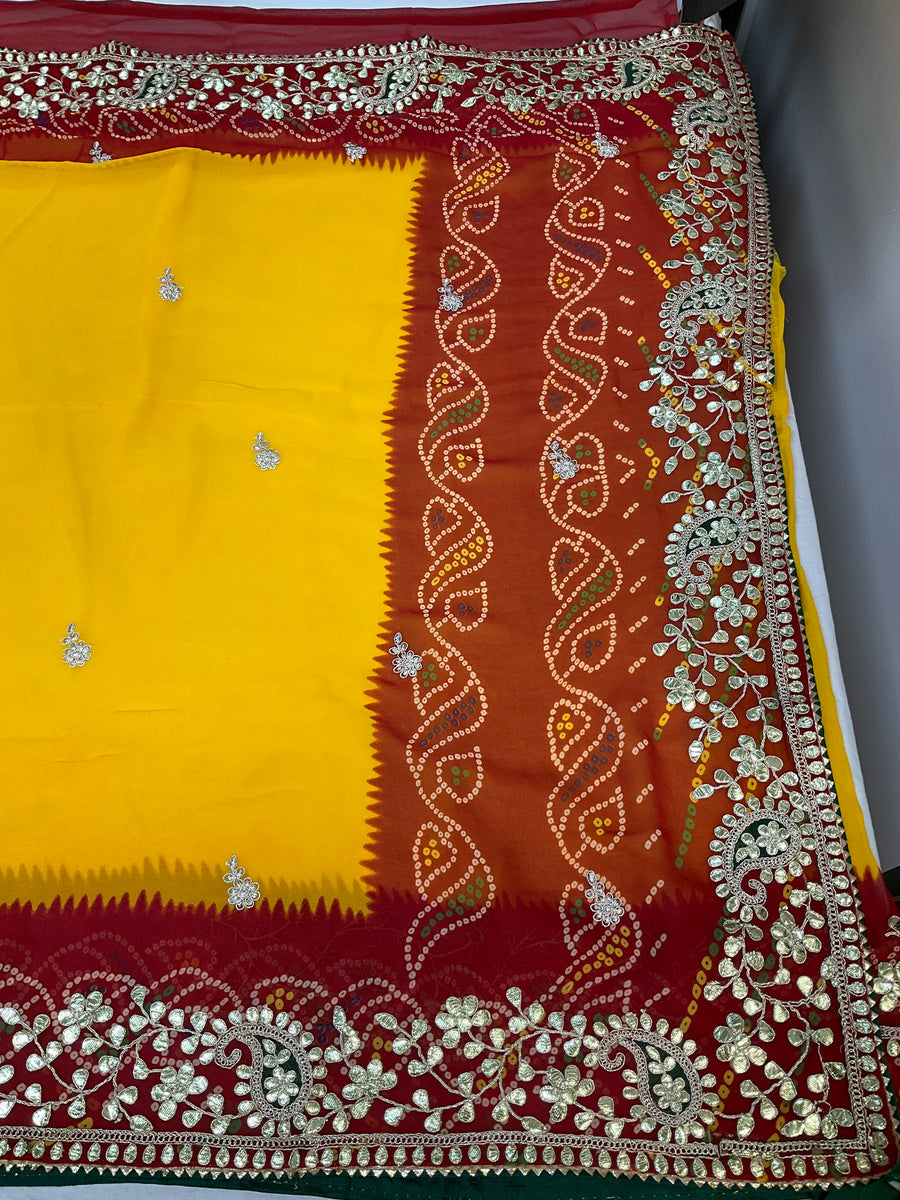 Yellow Georgette Bandhini saree