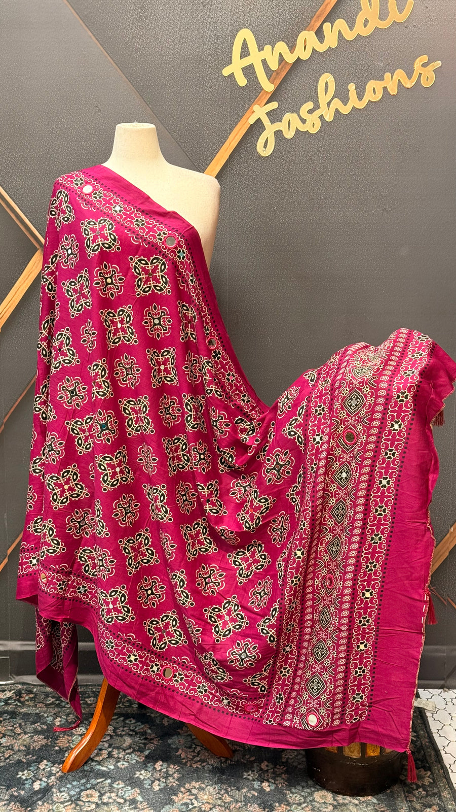Purple Ajrakh Print Pure Cotton Dupatta with Mirrors