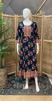 Pure Cotton Blue Long Floral Kurti