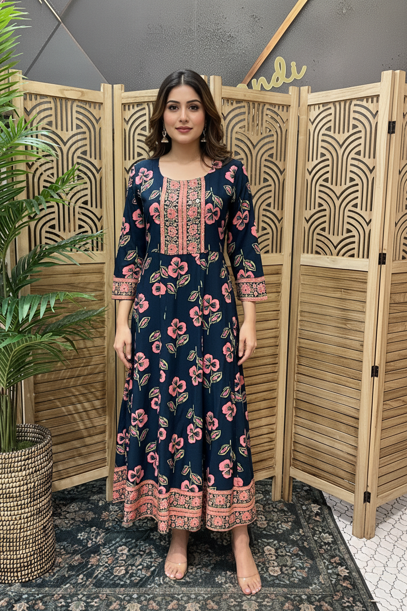 Pure Cotton - Blue long Floral kurti