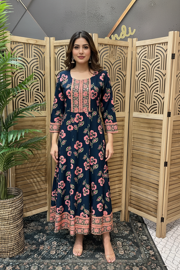 Pure Cotton - Blue long Floral kurti
