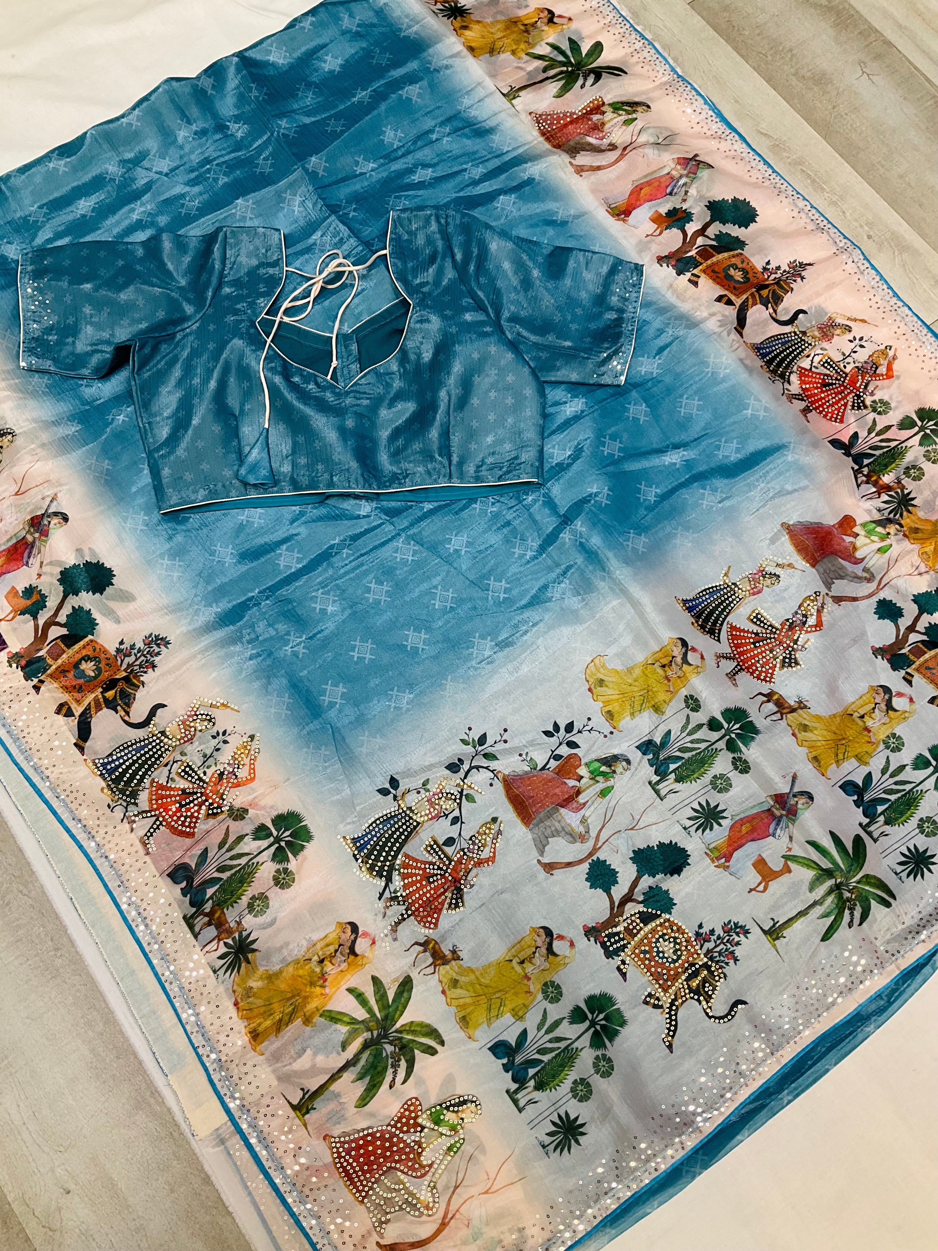 Light Weight Party wear saree with Sttiched blouse- fall pico done