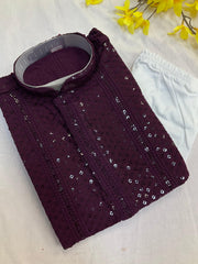 Wine Boys Chikankari Kurta Set with Sequence Embroidery