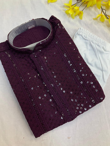 Wine Boys Chikankari Kurta Set with Sequence Embroidery