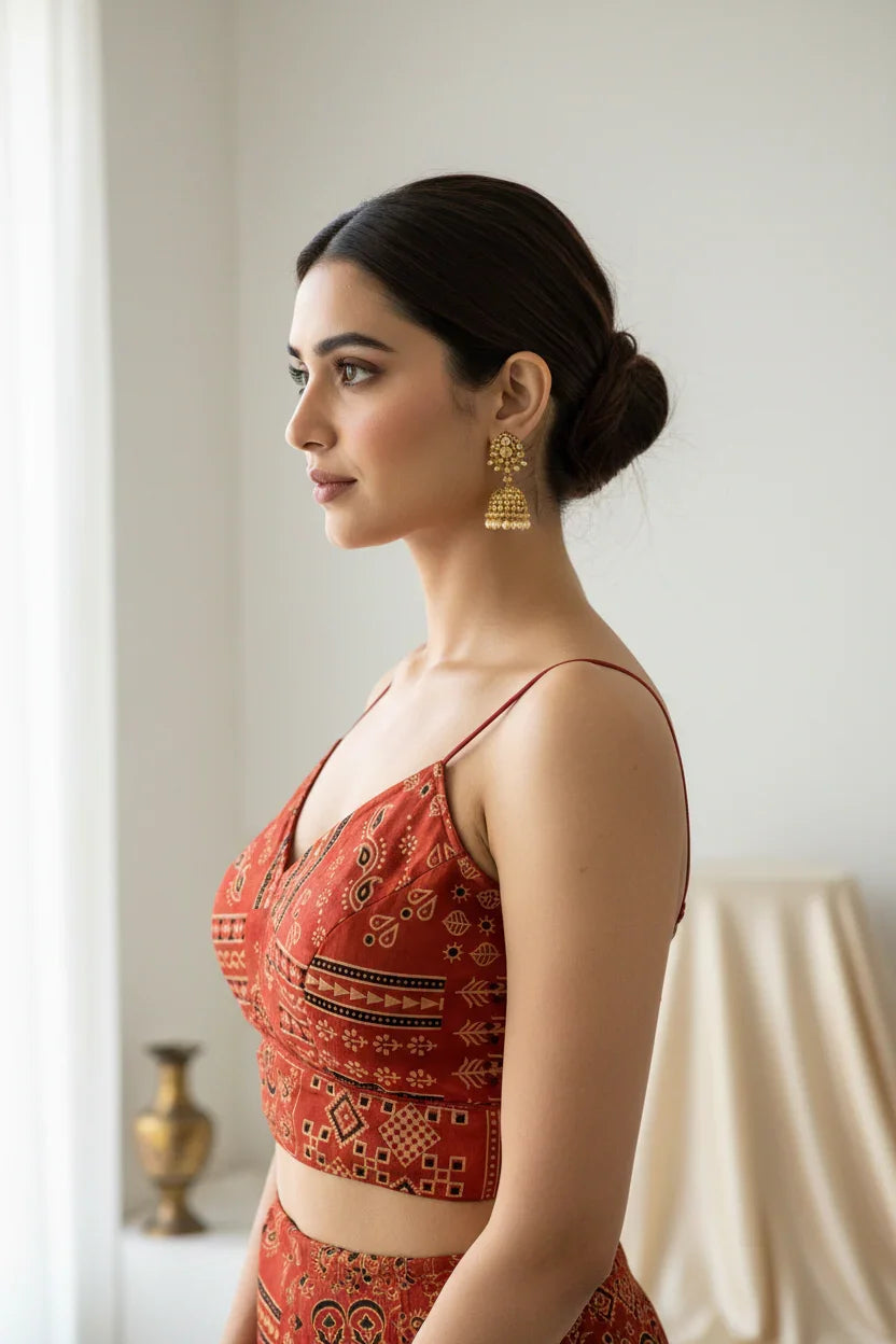Profile of woman in rust-colored Indian ethnic crop top with intricate prints and gold jhumka earrings