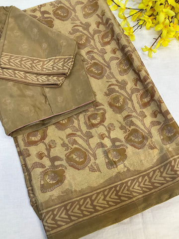 Olive Green Crape Silk Saree with stitched blouse
