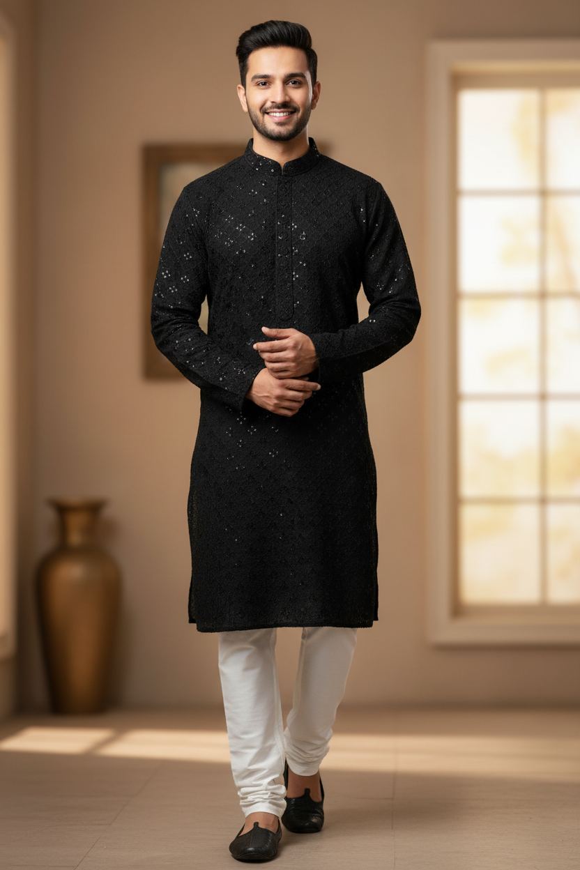 Men’s Black Sequin Kurta Set