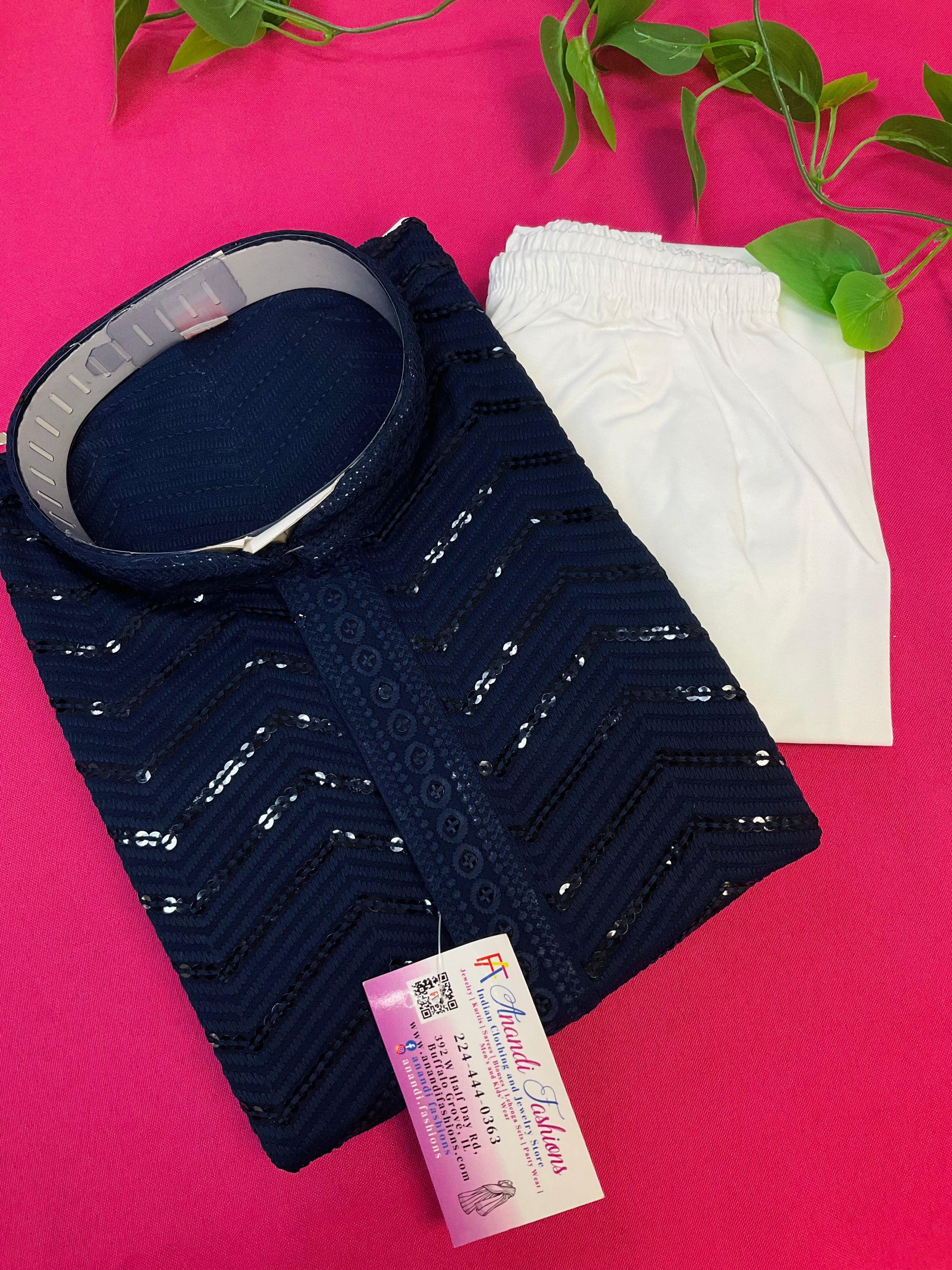 Boys Navy Blue Sequence Kurta Set - Premium Embroidered Ethnic Wear