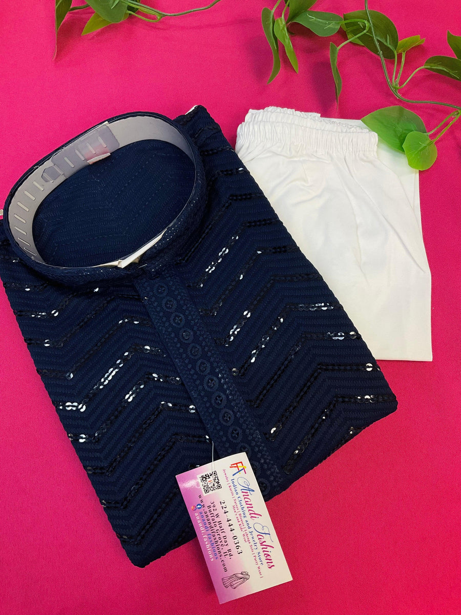 Boys Navy Blue Sequence Kurta Set - Premium Embroidered Ethnic Wear