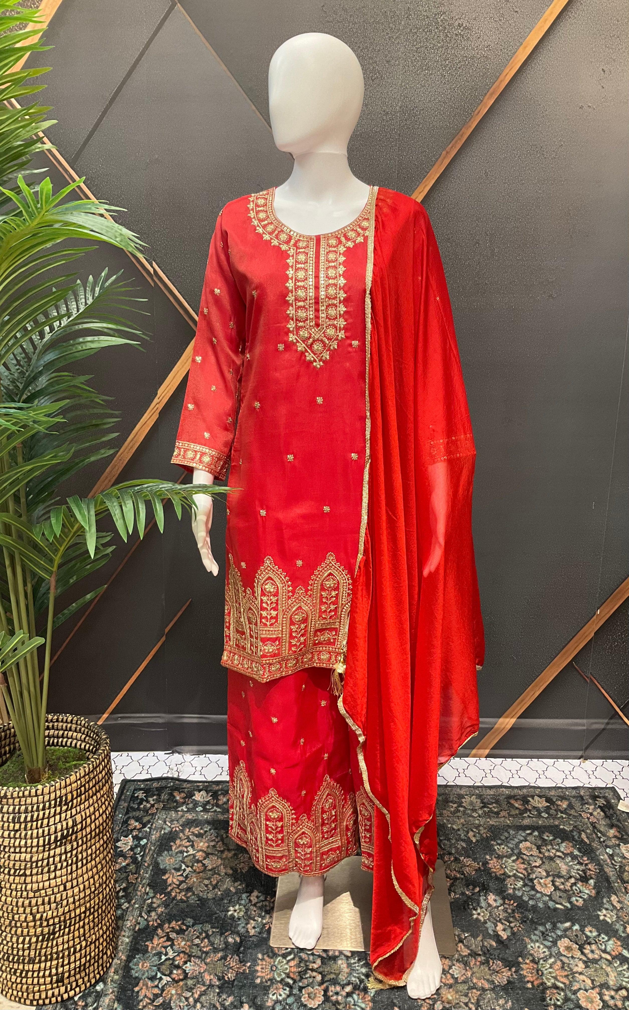 Orange Party Wear Palazzo Set - Shimmery with Gold Zari