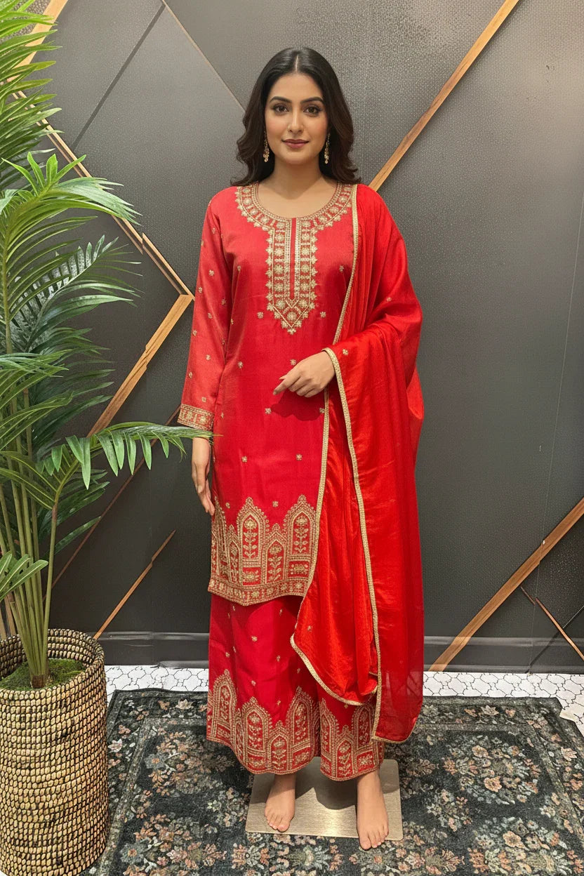 Woman in red embroidered Indian ethnic wear with matching dupatta standing indoors on a decorative rug
