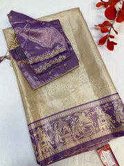 Half White Semi Kanjeevaram Saree with Stitched Maggam Blouse