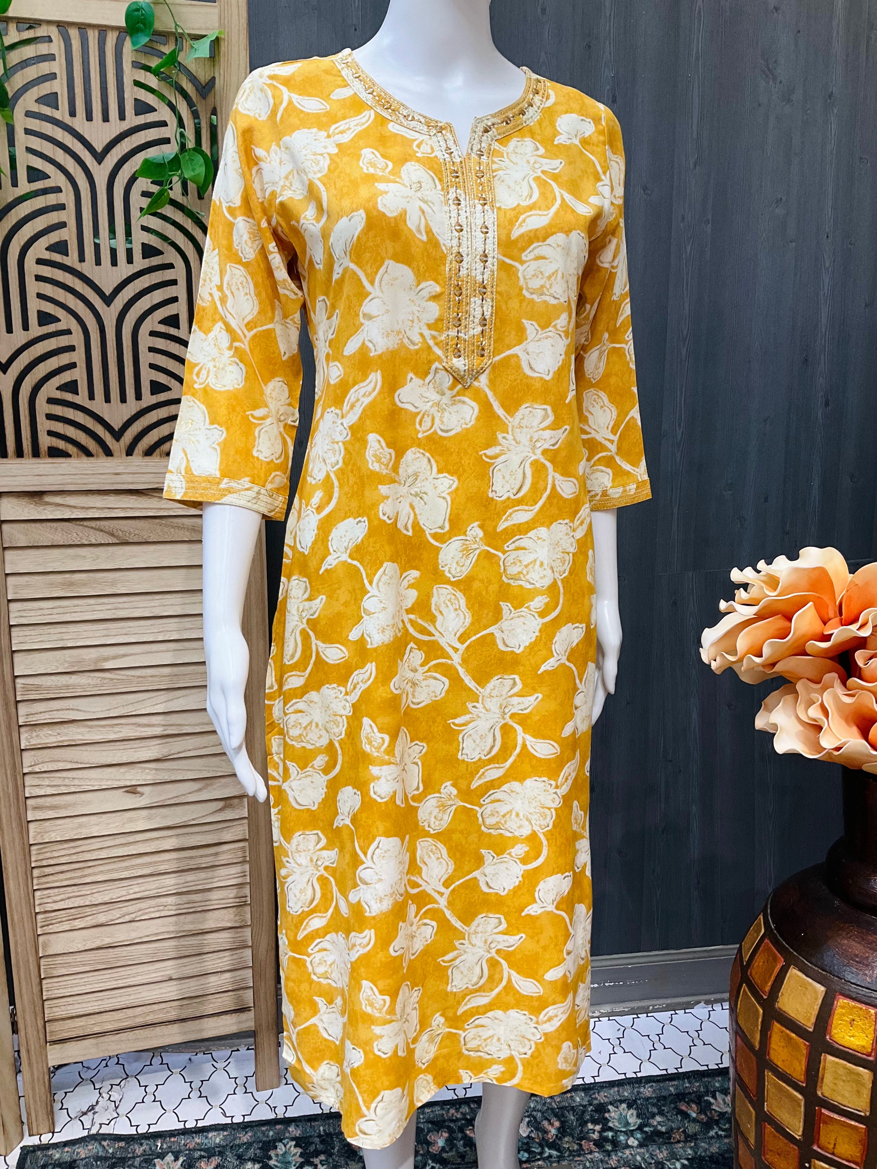 Floral Print-Yellow rayon kurti